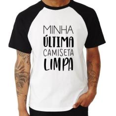 Camiseta Raglan Minha última camiseta limpa - Foca na Moda, Branco, Pr