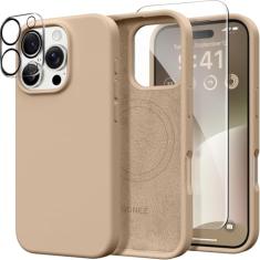 Capa magnética GONEZ para iPhone 16 Pro Max, compatível com MagSafe, capa de silicone líquido, com protetor de tela + protetor de câmera, capa protetora completa à prova de choque, 6,9", marrom claro