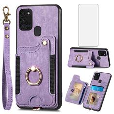 Asuwish Capa de telefone para Samsung Galaxy A21S capa carteira com protetor de tela de vidro temperado e alça de pulso RFID suporte de cartão de crédito anel acessórios de celular A 21S feminino