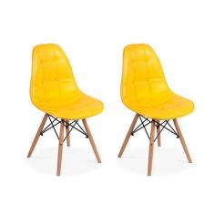 Conjunto 2 Cadeiras Dkr Charles Eames Wood Estofada Botonê - Amarela -