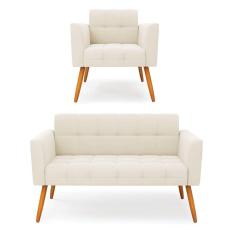 Kit 1 Sofá Namoradeira E 1 Poltrona Elisa Veludo Bege Pés Palito Castanho - D`rossi