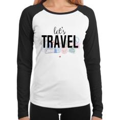 Baby Look Raglan Let's Travel Manga Longa - Foca na Moda, Branco, Pret