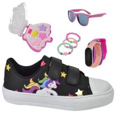 Tênis Casual Infantil Feminino Unicórnio + Make + Pulseira + Óculos + 
