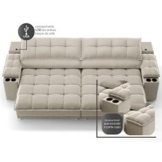 Sofá com Porta Copos e Carregador USB Ret Rec Luke 2,50m Veludocristal - NETSOFAS