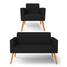 Sofá Namoradeira com Poltrona Pés Palito Castanho Marisa Linho Preto A