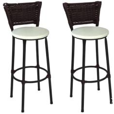 Kit 2 Banquetas Altas Preta com Encosto Junco Argila Assento Branco - 