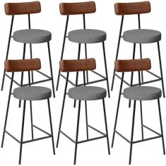 Kit 06 Banquetas Baixa Cozinha Sala Jantar Milão L02 Couríssimo Marrom Linho Cinza Escuro - Lyam Decor