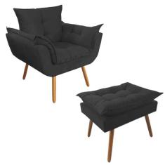 Combo Poltrona Decorativa Opalla Mais Puff Pés Palito Suede Preto - DS