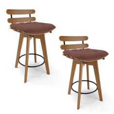 kit 02 Banquetas Giratória Costela Veludo Rosê Base Madeira MA70 J01 - D'Rossi