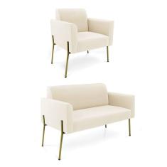 Sofá Namoradeira E Poltrona Pé De Ferro Dourado Salão Marisa Veludo Bege D03