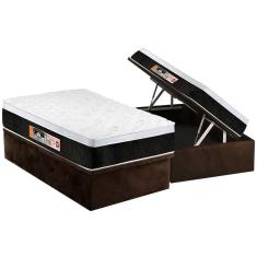 Cama Box Baú Solteiro: Colchão Espuma Castor D45 Black e White Air Euro Pillow + Base CRC Suede Brown(88x188)
