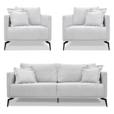 Kit 2 Poltronas e Sofá Living 2 Lugares 1,80m Sirius Linho Pés Metálic