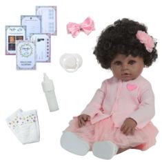 Bebe Reborn Menina Negra Cabelo Cacheado Pode Dar Banho - Cegonha Rebo