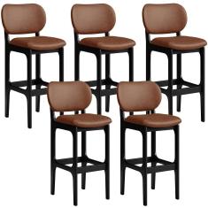 Kit 05 Banquetas Alta Para Cozinha Madeira Fixa Betta L02 Preto Couríssimo Marrom
