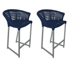 Kit 2 Banquetas Reis Em Corda Náutica E Base Em Alumínio Cinza Para área Gourmet Azul Marinho Azul