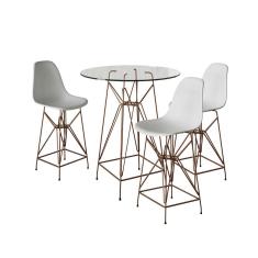 Jogo Mesa Bistrô Eames Vidro 60Cm 3 Banquetas Branca Base Ferro Cobre - Cor: Branco