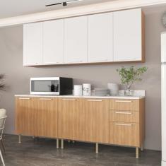 Cozinha Compacta Girassol 200cm com Tampo, 4 Peças, 9 Portas e 3 Gavetas com Divisor de Talheres Freijó//Branco