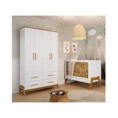 Berço 5x1 e Guarda Roupa Retro Moveis Peroba Guti MDF Branco Amêndoa, 