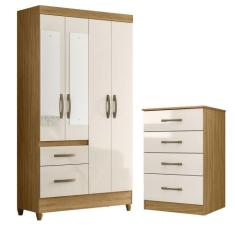 Kit Guarda Roupa Solteiro com Espelho Madri e Cômoda MS - Moval, Freij