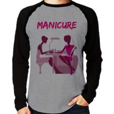 Camiseta Raglan Manicure Manga Longa - Foca na Moda, Cinza, Preto, P