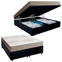 Cama Box Baú Casal Bipartido Sintético + Colchão De Molas Ensacadas Portobel Ipanema 138x188x66cm Preto
