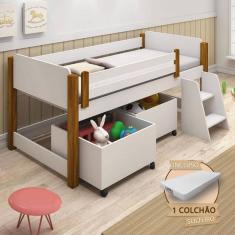 Cama Naty Solteira Design Infantil com Nichos e Colchão Divaloto - Branco/amêndoa