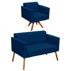Kit 1 Namoradeira e 1 Poltrona Giratória Elisa Azul Marinho