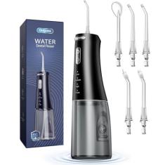 Onlyone Irrigador bucal portátil de 300 ml para dentes, 4 modos e 5 pontas de jato, limpador de irrigação recarregável, fio dental elétrico e acessórios de irrigador preto