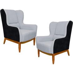 Kit 02 Poltronas Decorativa Base de Madeira Milena D02 Linho Cinza D-315 Corano Preto - Lyam Decor