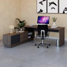 Mesa para Escritório em L Executiva 200x180cm com Balcão Cayman Yescasa Terracota/Preto Trama