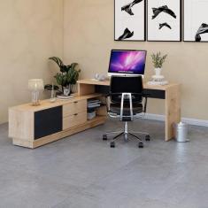 Mesa para Escritório em L Executiva 170x180cm com Balcão Cayman Yescasa Vermont Oak/Preto Trama