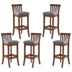 Kit 5 Banquetas Alta Estofada Anthurium 36 x 100 Cm Madeira Maciça Imbuia Linho Cinza L55 - RMI