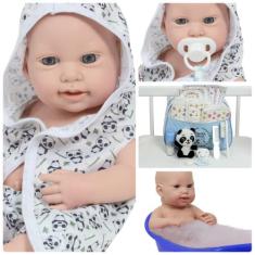 Boneco Reborn De Vinil Saída de Banho Panda Enxoval Completo - Cegonha