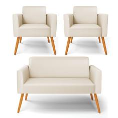 Sofá Namoradeira Com 2 Poltronas Pés Palito Castanho Marisa Corino Bege D03 - D'rossi