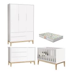 Quarto De Bebê 3 Portas New Classic Branco Com Pés Madeira Natural E Colchão Gazin ? Reller