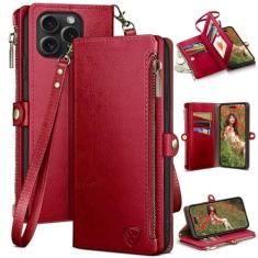 XcaseBar Capa carteira compatível com iPhone 16 Pro de 6,3 polegadas com zíper para cartão de crédito 【bloqueio RFID】, capa flip fólio de couro PU à prova de choque feminina masculina para Apple 16