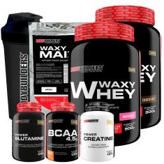KIT 2x Whey Protein Waxy Whey + BCAA + Creatina + Waxy Maize + Glutamina + Coqueteleira - BB-Unissex