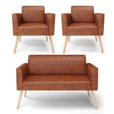 Sofá Namoradeira Com 2 Poltronas Pés Palito Natural Marisa Corano D03 - D\`rossi Cor Nozes