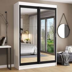 Guarda-Roupa Solteiro Madesa Tokio 2 Portas de Correr de Espelho 2 Gavetas - Branco/Preto