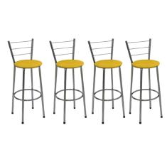Kit 4 Banquetas Altas Cromada com Encosto Assento Amarelo