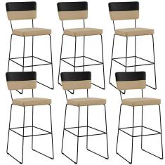 Kit 06 Banquetas Altas Faixa Corano Preto Linho Bege Escuro