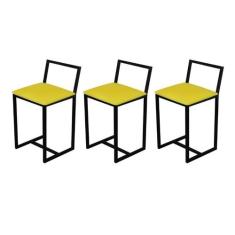 Kit 3 Banqueta Baixa Para Cozinha Preta Industrial Assento Estofado - 