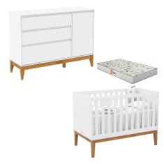 Berço Americano Unique E Cômoda Com Porta Nature Clean Branco Soft Eco Wood Com Colchão Gazin – Matic