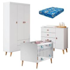 Quarto De Bebê Duda Com Berço Americano Ludmila Branco Acetinado Bétula E Colchão Ortobom - Carolina