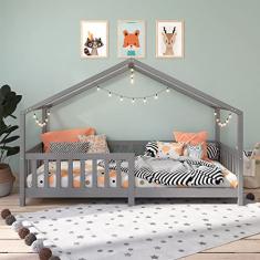 IDIMEX Cama Montessoriana de Solteiro 88x188 Infantil de menino Madeira Maciça Casa com Estrado Lisan cor Cinza