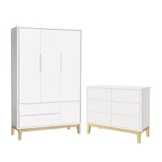 Jogo de Quarto Infantil Classic Guarda Roupa 3 Portas e Cômoda 6 Gavetas Branco Fosco com Pés Madeir