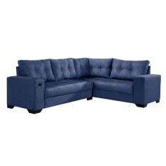 Sofá de Canto 5 Lugares Dijon com Entrada USB Suede Azul Marinho