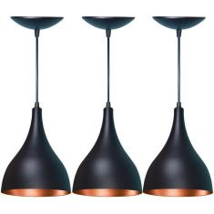 Kit 03 Pendentes Gota em Alumínio  Preta Fosca e Cobre