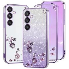 Kainevy Capa de telefone para Samsung Galaxy S23 FE capa transparente com glitter rosa floral para mulheres meninas linda capa brilhante para Samsung S23 FE capa de silicone à prova de choque fina
