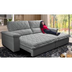Sofá Retrátil e Reclinável 2,95m Molas Ensacadas Cama inBox Big Home Bordado 3D Linho Cinza Claro